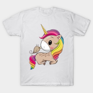 Cute unicorn and little bird. T-Shirt